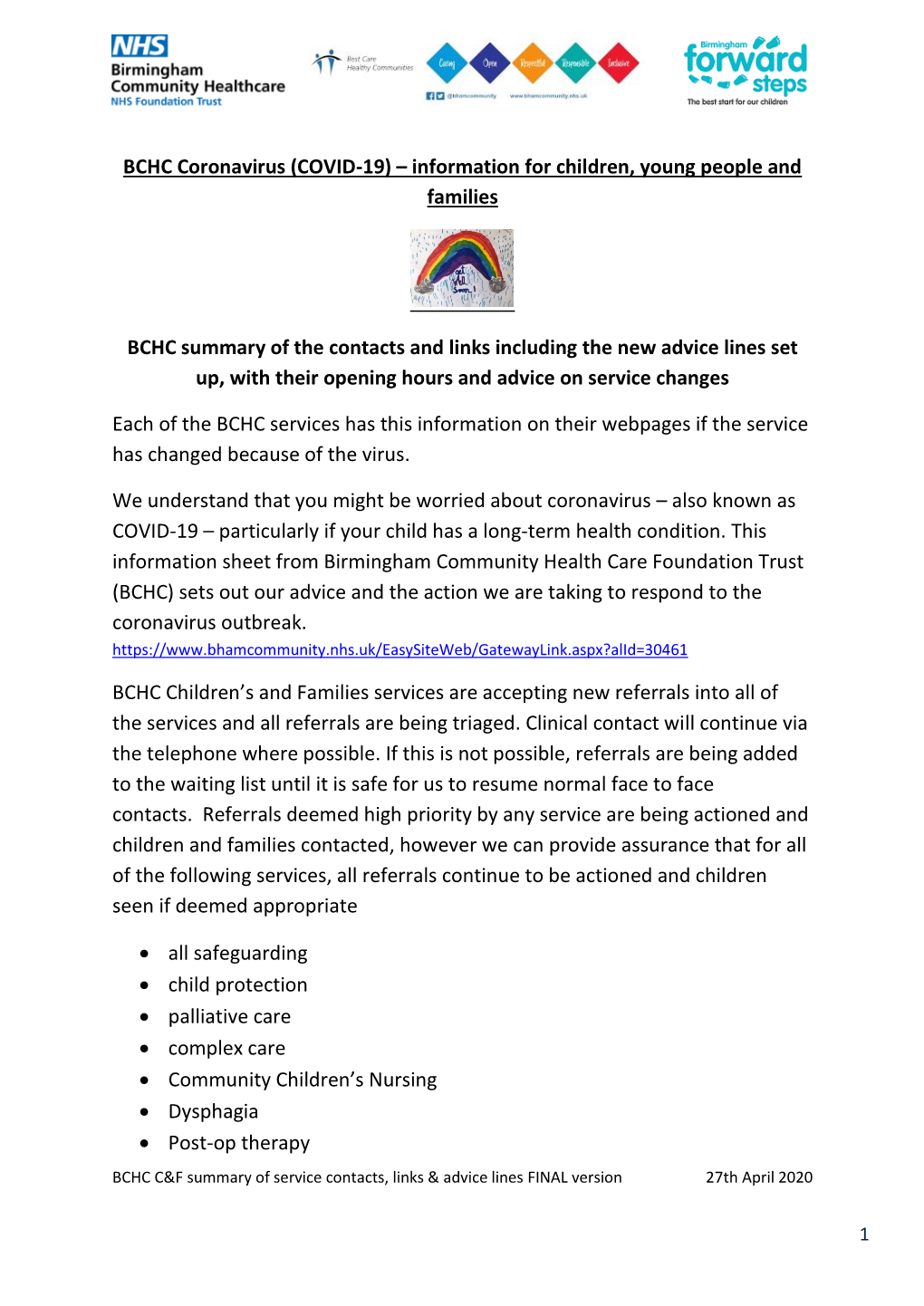 (COVID-19) – Information for Children, Young People and Families BCHC