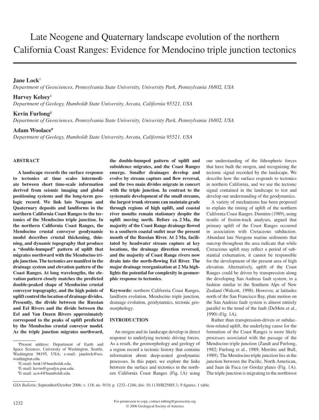 Late Neogene and Quaternary Landscape Evolution of the Northern California Coast Ranges: Evidence for Mendocino Triple Junction Tectonics