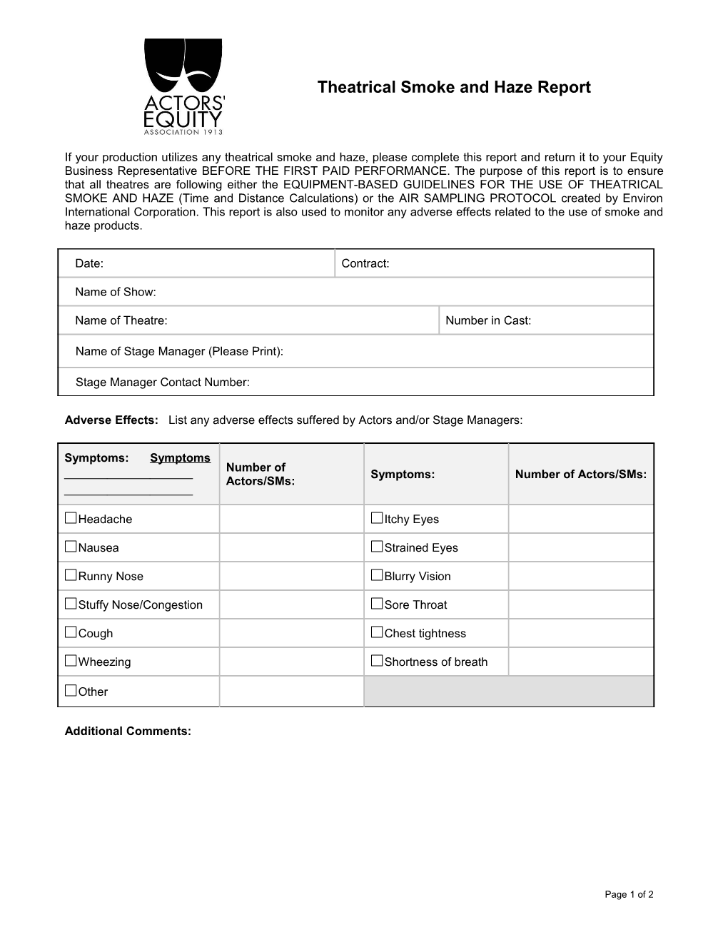 Theatrical Fog and Smoke Questionnaire