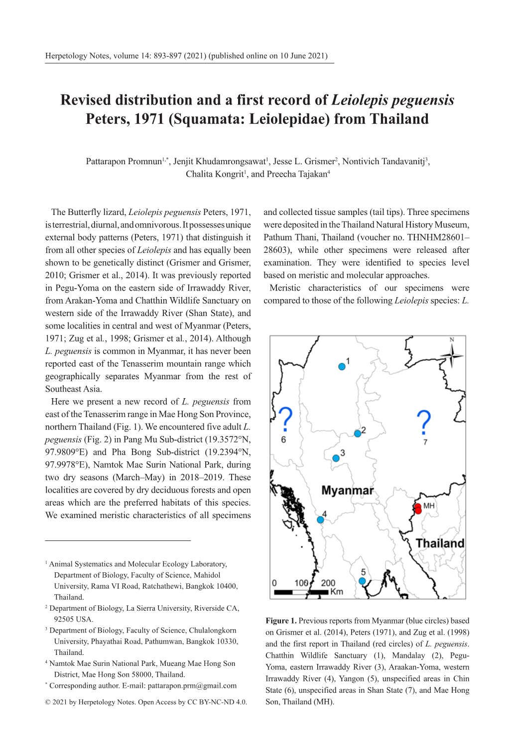 Revised Distribution and a First Record of Leiolepis Peguensis Peters, 1971 (Squamata: Leiolepidae) from Thailand