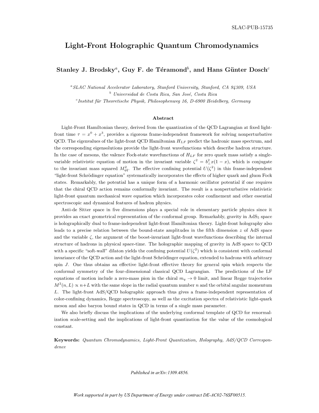 Light-Front Holographic Quantum Chromodynamics