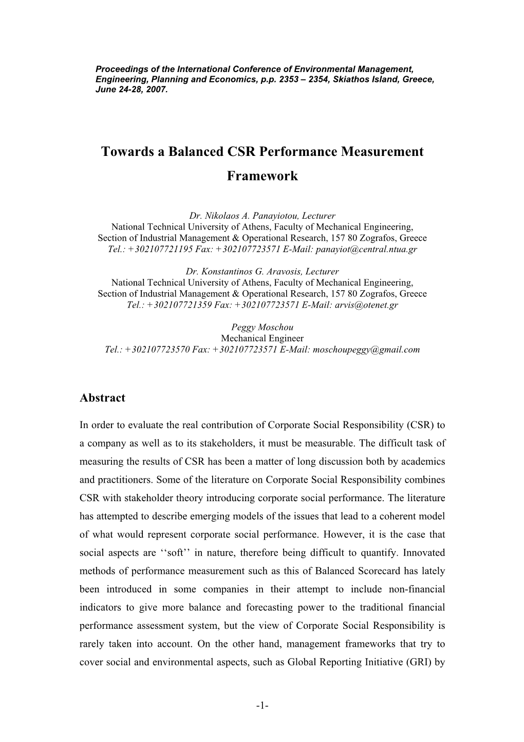 Towards a Balanced CSR Performance Measurement Framework