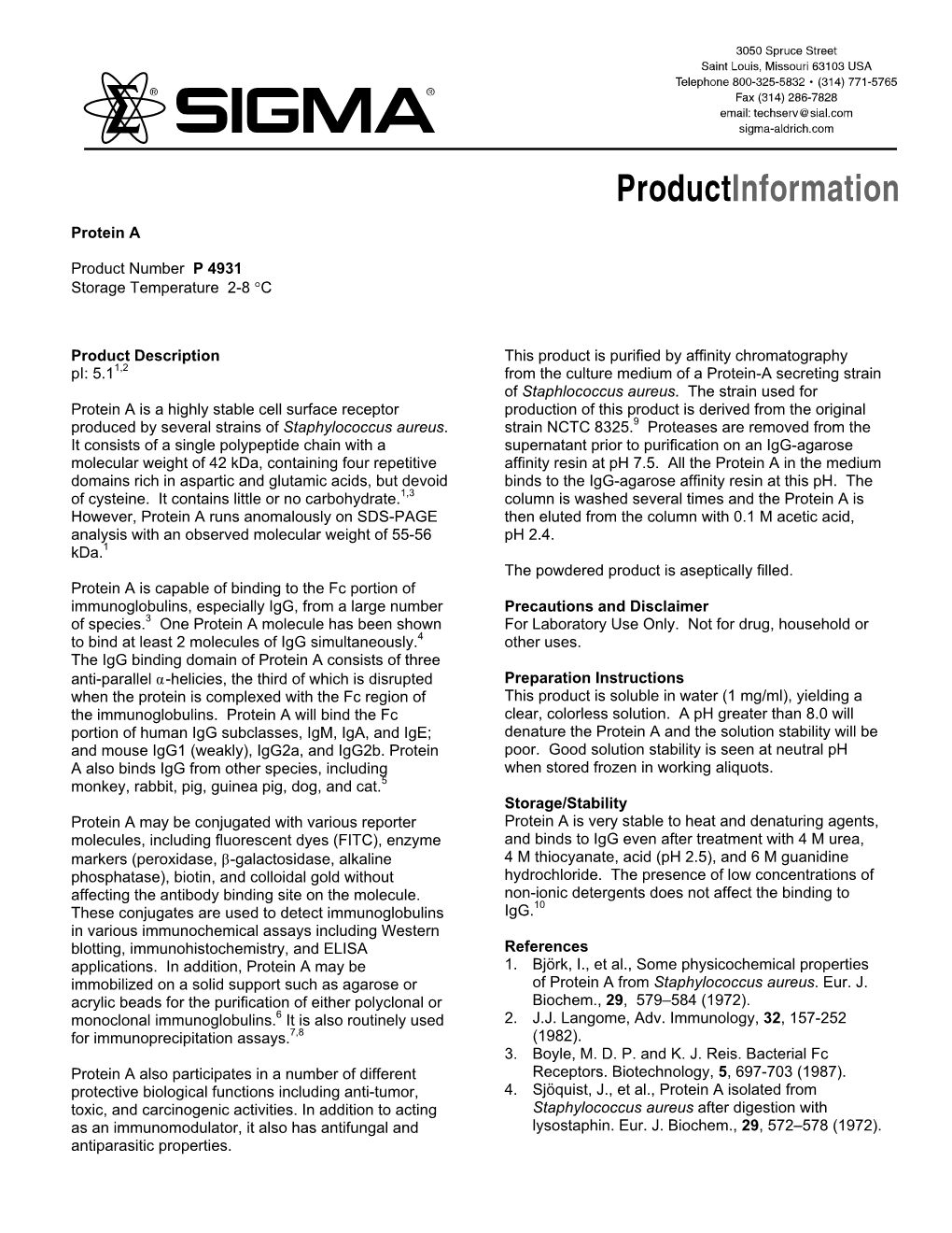 Protein a Product Number P 4931 Storage