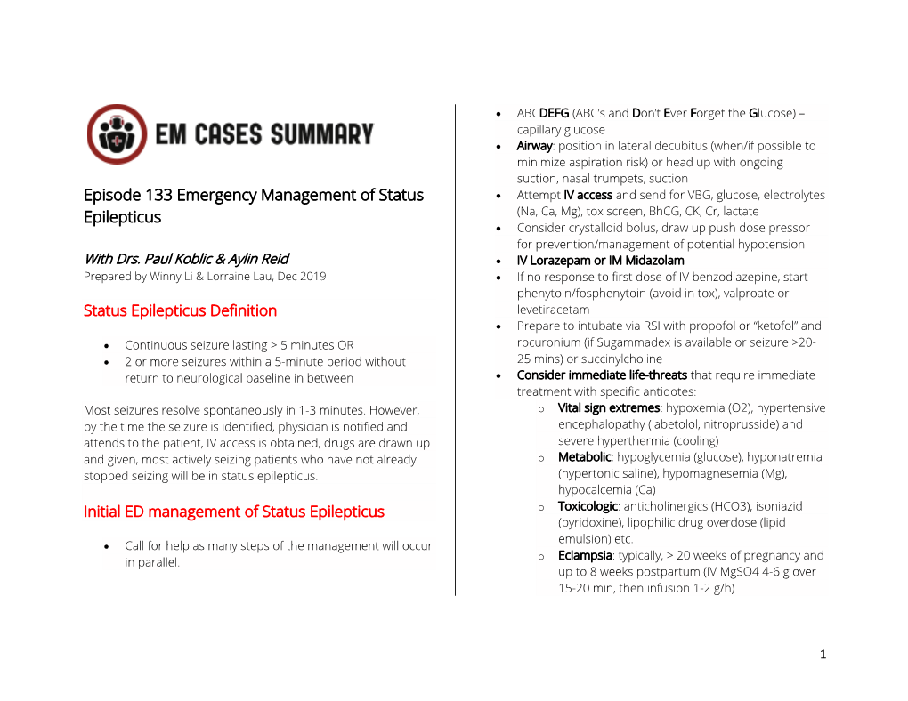 Episode 133 Emergency Management of Status Epilepticus