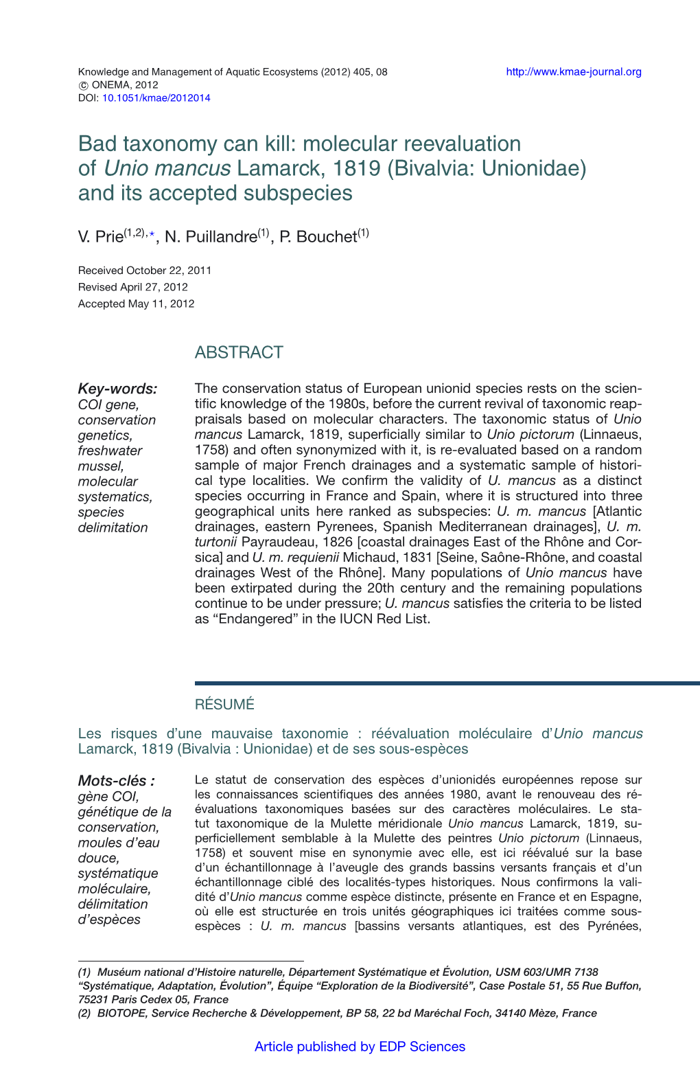 Bad Taxonomy Can Kill : Molecular Reevaluation of Unio Mancus Lamarck, 1819 \(Bivalvia : Unionidae\) and Its Accepted Subspecies