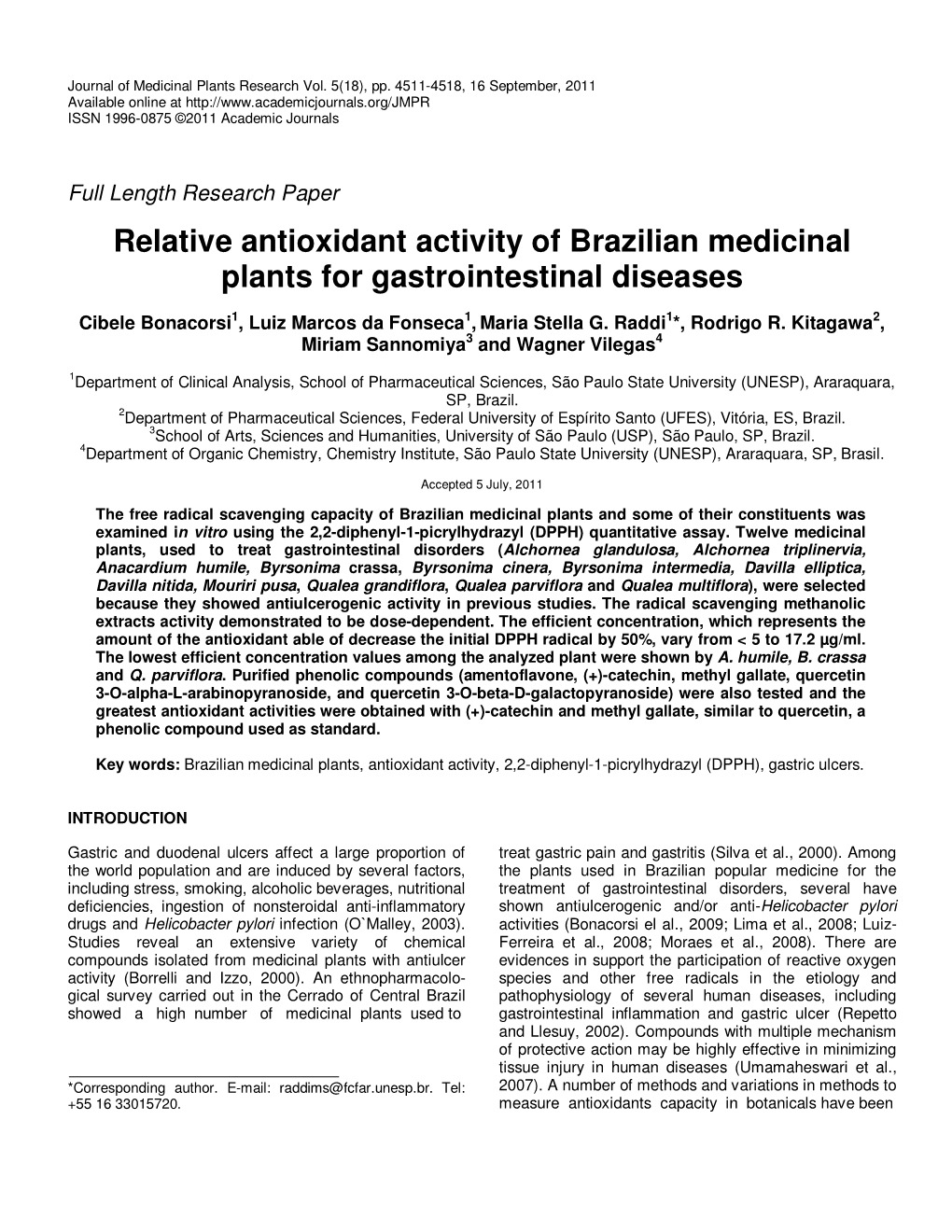 Relative Antioxidant Activity of Brazilian Medicinal Plants for Gastrointestinal Diseases