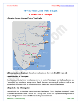 6Th Social Science Lesson 4 Notes in English 4. Ancient Cities of Tamilagam