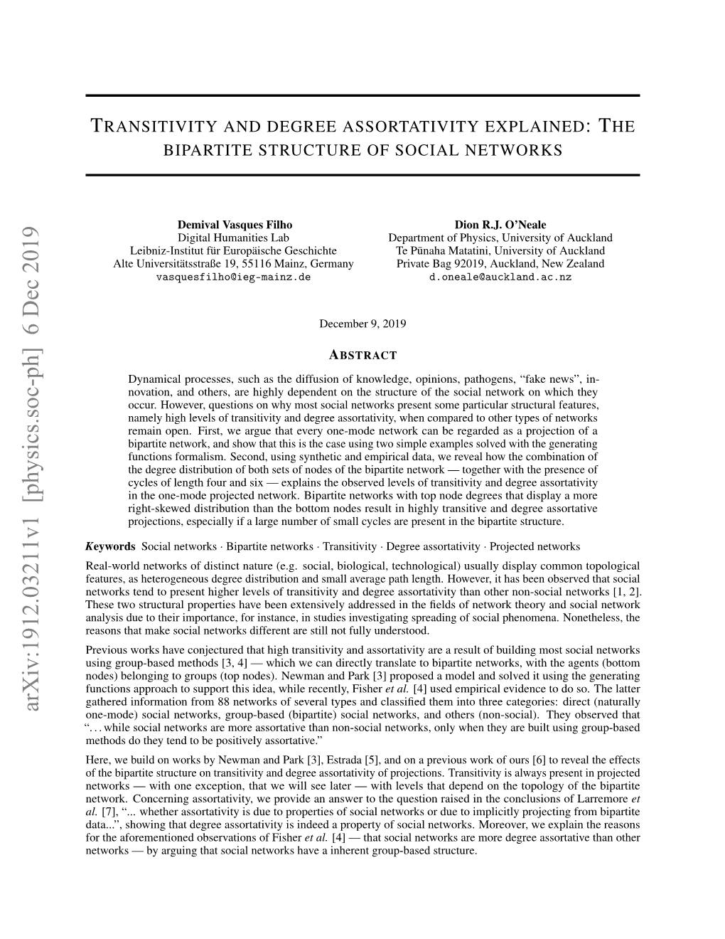 Arxiv:1912.03211V1 [Physics.Soc-Ph] 6 Dec 2019 One-Mode) Social Networks, Group-Based (Bipartite) Social Networks, and Others (Non-Social)