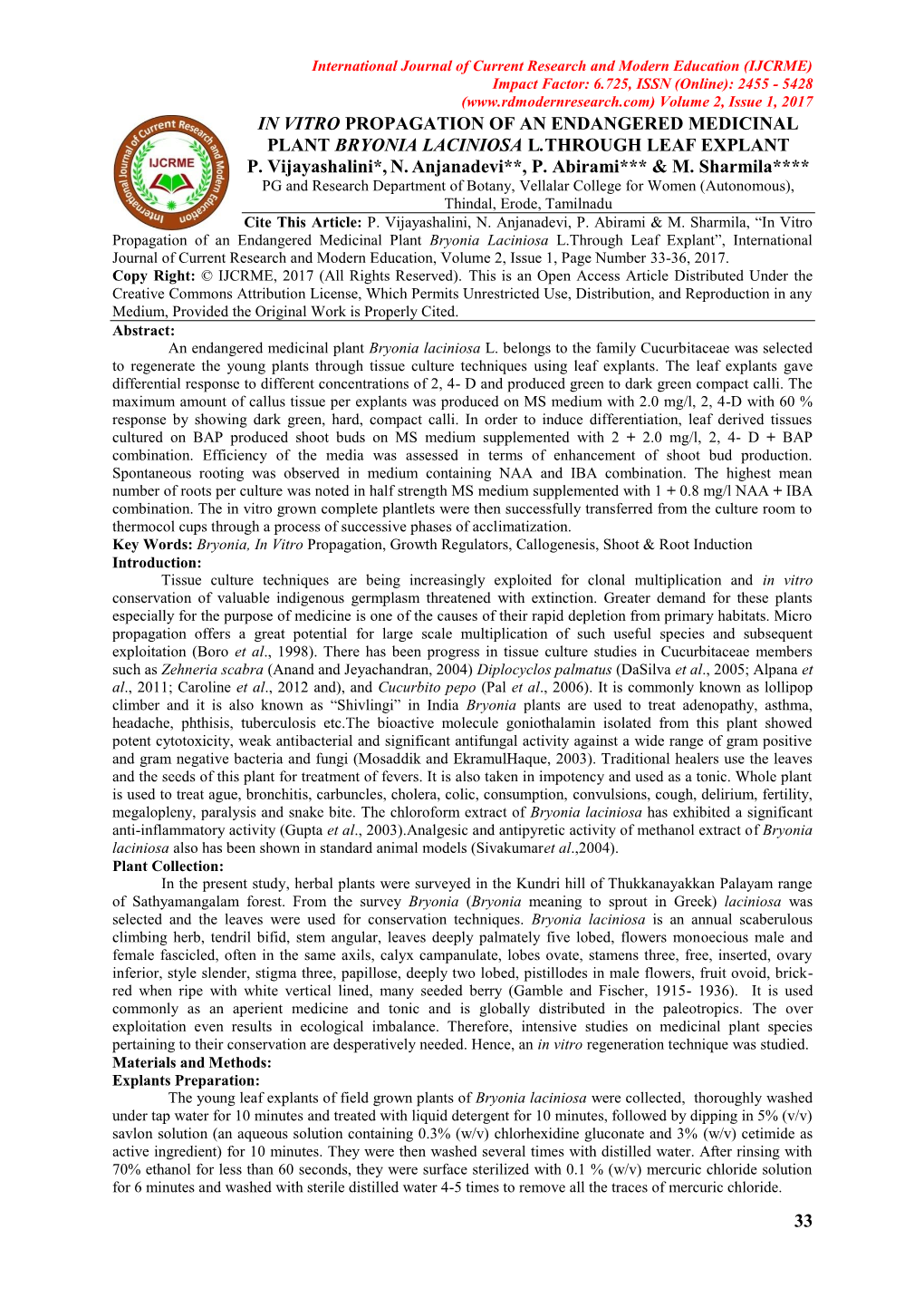 In Vitro Propagation of an Endangered Medicinal Plant Bryonia Laciniosa L.Through Leaf Explant