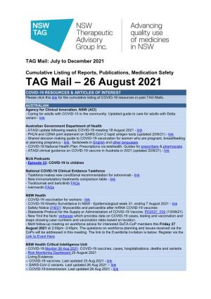TAG Mail – 26 August 2021 COVID-19 RESOURCES & ARTICLES of INTEREST Please Click This Link for the Cumulative Listing of COVID-19 Resources in Past TAG Mails