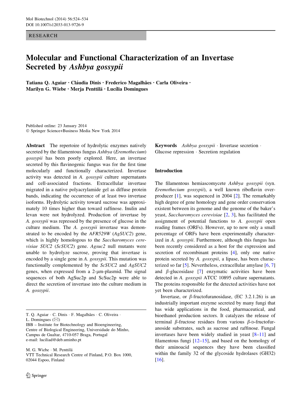 Molecular and Functional Characterization of an Invertase Secreted by Ashbya Gossypii