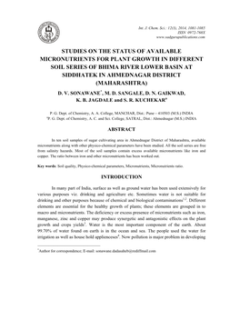 Studies on the Status of Available Micronutrients for Plant Growth in Different Soil Series of Bhima River Lower Basin at Siddha