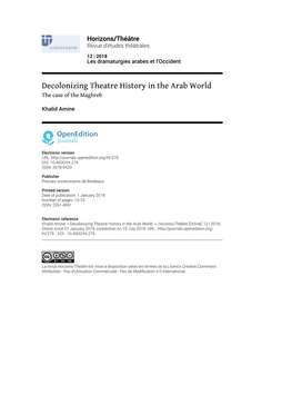 Decolonizing Theatre History in the Arab World the Case of the Maghreb