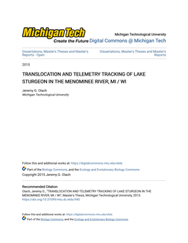 Translocation and Telemetry Tracking of Lake Sturgeon in the Menominee River, Mi / Wi