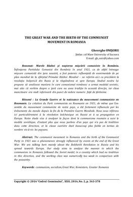 The Great War and the Birth of the Communist Movement in Romania