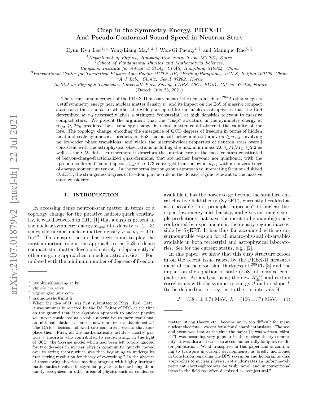 Arxiv:2107.01879V2 [Nucl-Th] 22 Jul 2021 Wgpaeng@Clunix.Com § Mannque.Rho@Ipht.Fr J = (38.1 ± 4.7) Mev,L = (106 ± 37) Mev