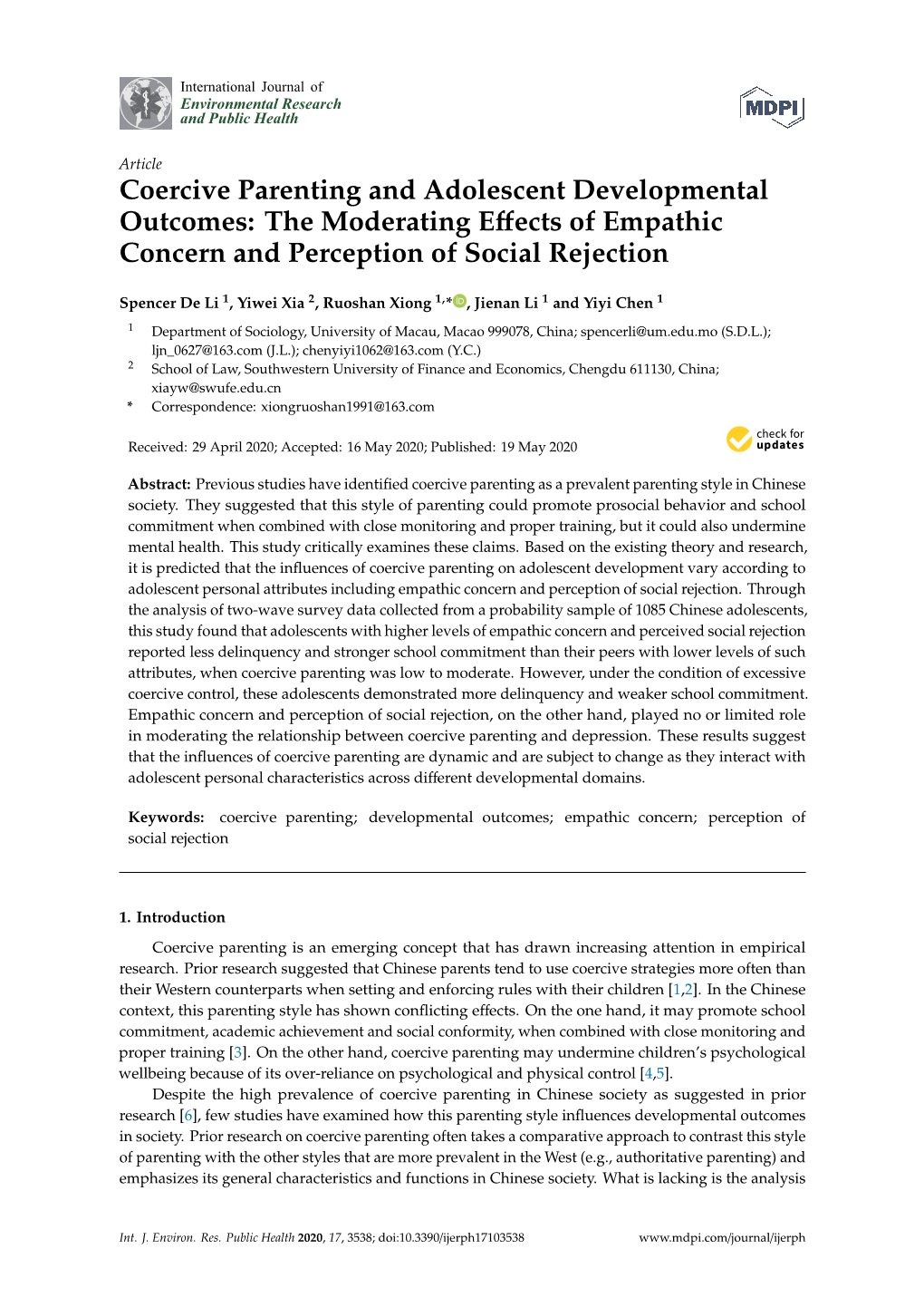 Coercive Parenting and Adolescent Developmental Outcomes: the Moderating Eﬀects of Empathic Concern and Perception of Social Rejection