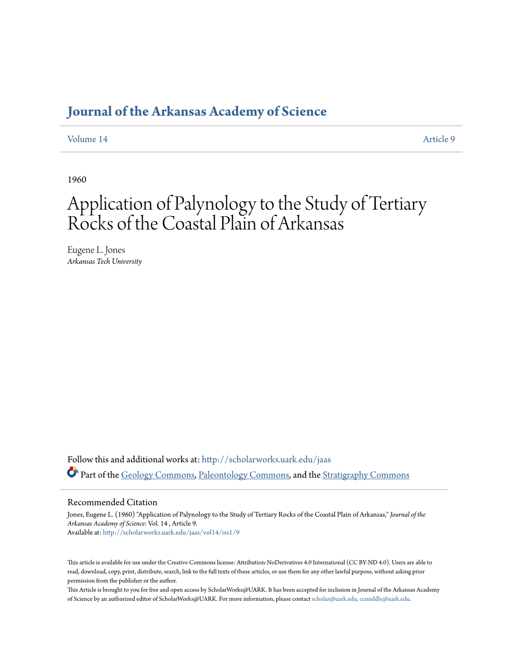 Application of Palynology to the Study of Tertiary Rocks of the Coastal Plain of Arkansas Eugene L