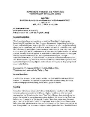 DEPARTMENT of SPANISH and PORTUGUESE the UNIVERSITY of TEXAS at AUSTIN SYLLABUS POR 328C- Introduction to Literatures And