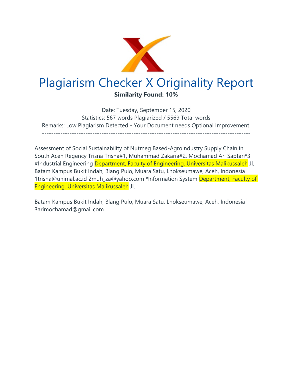 Plagiarism Checker X Originality Report Similarity Found: 10%