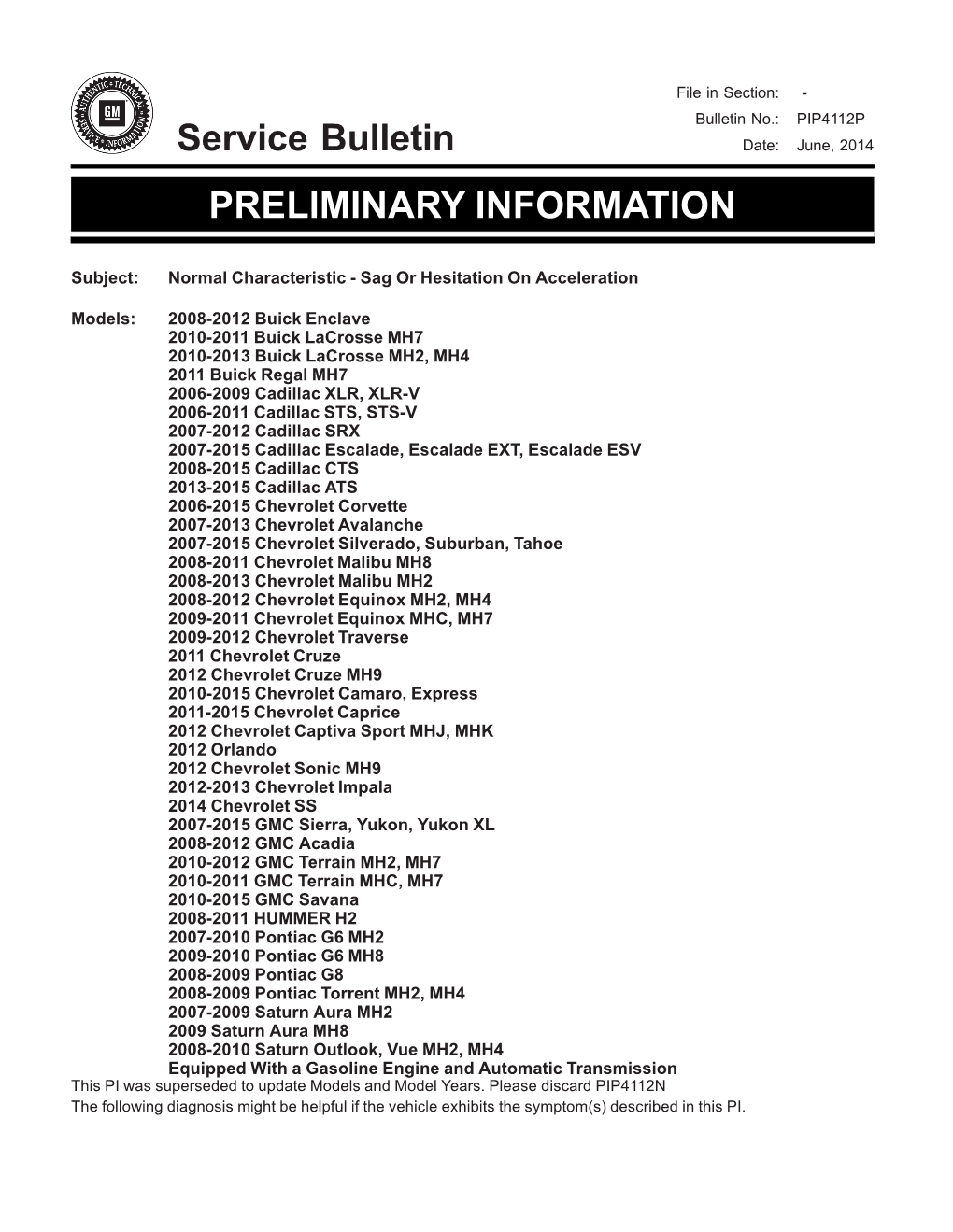 Service Bulletin PRELIMINARY INFORMATION