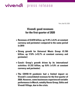 Good Revenues for the First Quarter of 2020