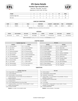 CFL Game Details Hamilton Tiger-Cats @ BC Lions Week #14 - Game #64 - Year 2017 September 22, 2017-23:00 - BC Place