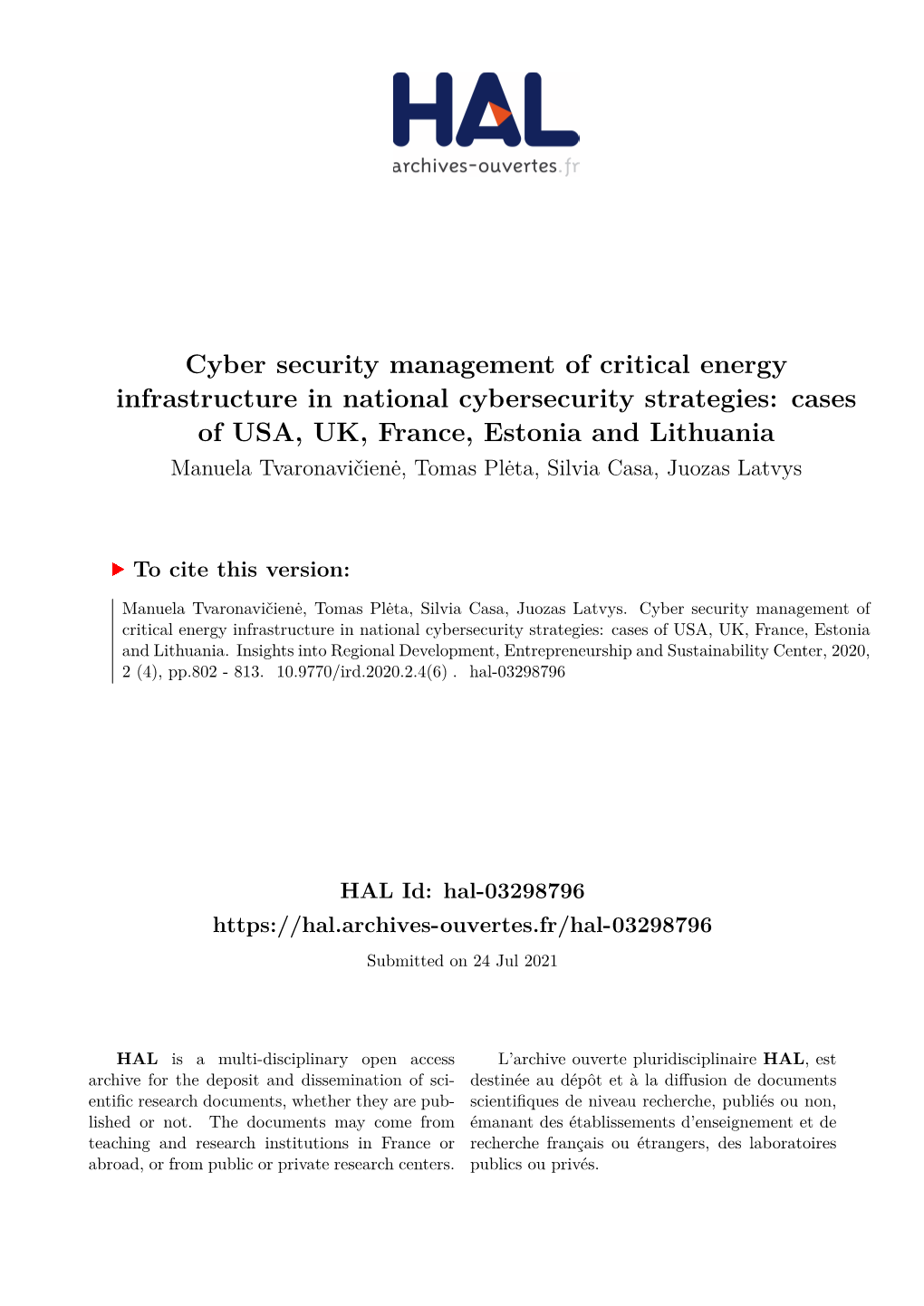 Cyber Security Management of Critical Energy