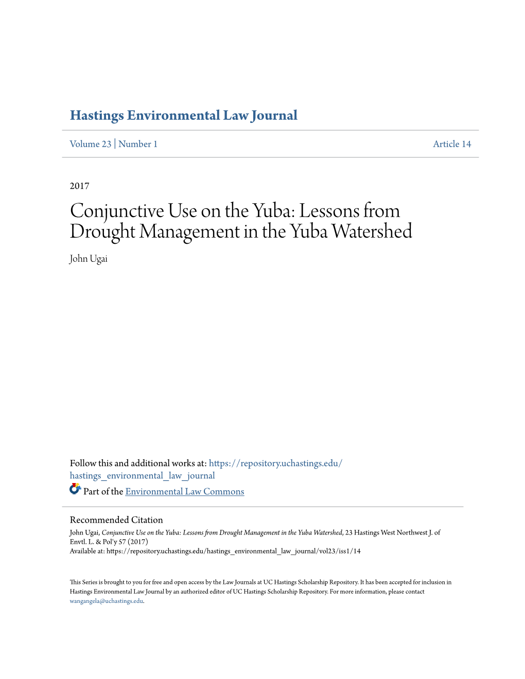 Conjunctive Use on the Yuba: Lessons from Drought Management in the Yuba Watershed John Ugai