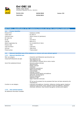 Eni OBI 10 Safety Data Sheet According to Regulation (EU) No