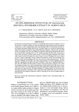 ANTIPLASMODIAL POTENTIAL of Garcinia Kola (HECKEL) STEMBARK EXTRACT in ALBINO MICE