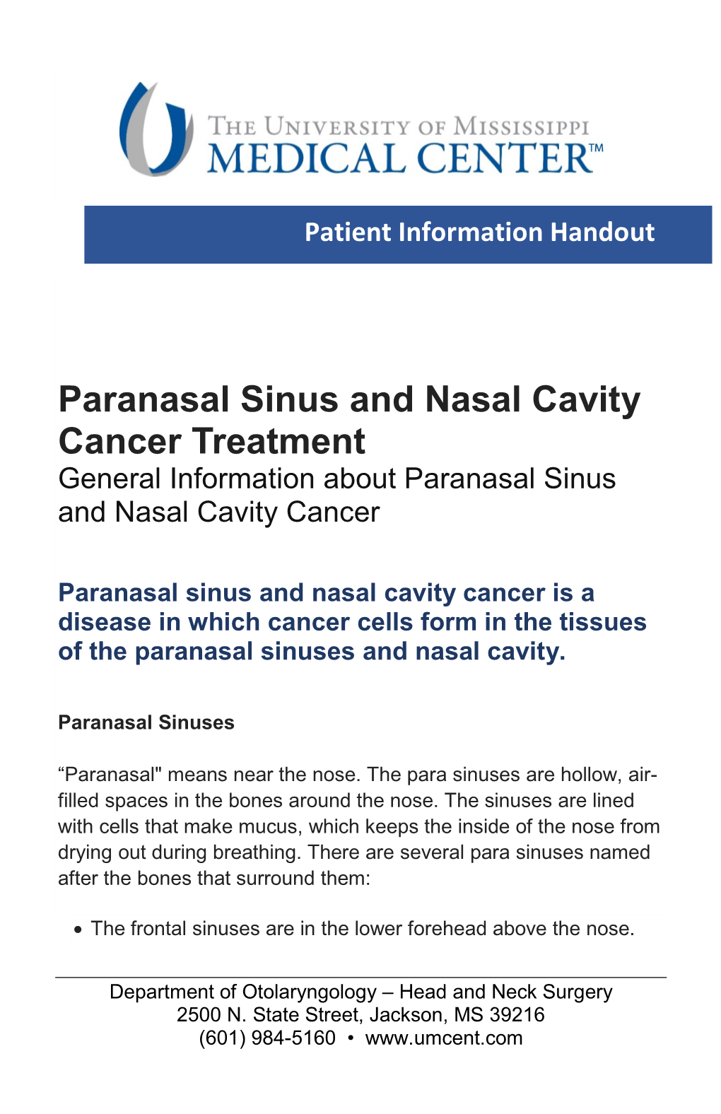 Paranasal Sinus And Nasal Cavity Cancer Treatment General Information