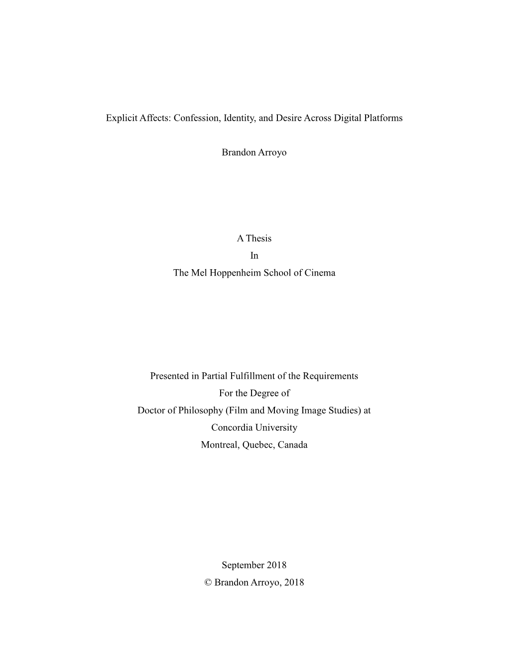 Explicit Affects: Confession, Identity, and Desire Across Digital Platforms Brandon Arroyo a Thesis in the Mel Hoppenheim Schoo