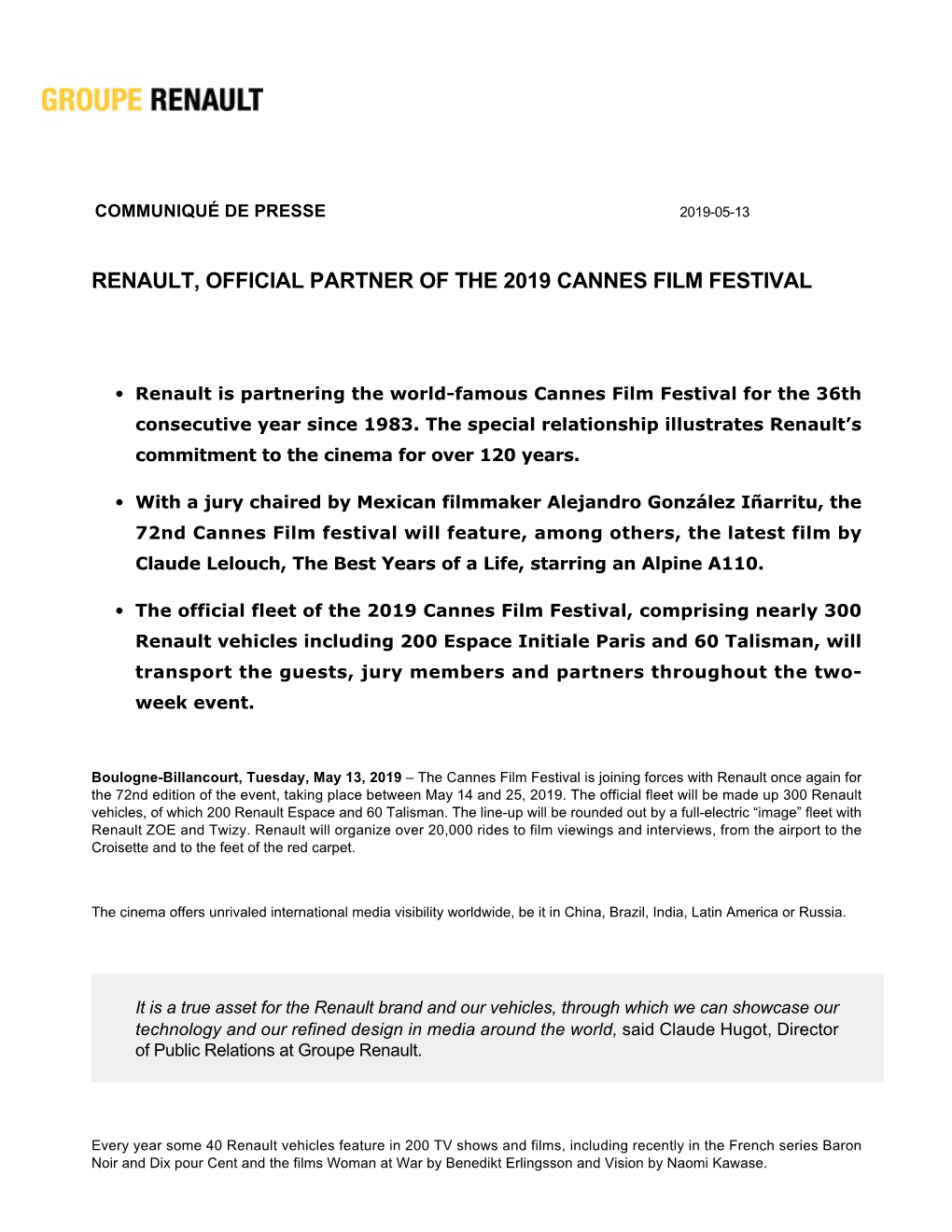 Renault, Official Partner of the 2019 Cannes Film Festival