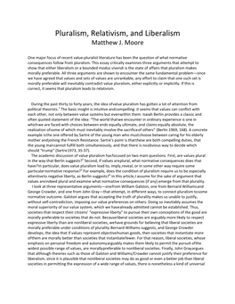 Pluralism, Relativism, and Liberalism Matthew J