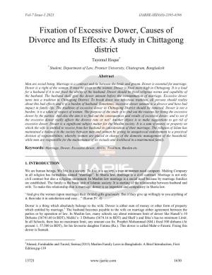 Fixation of Excessive Dower, Causes of Divorce and Its Effects: a Study in Chittagong District Tayemul Hoque*