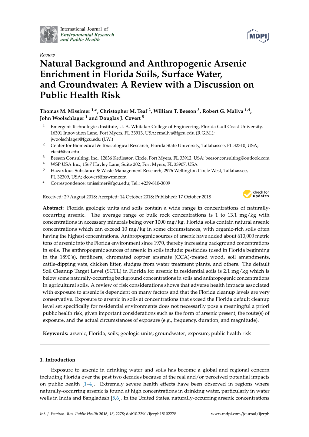 Natural Background and Anthropogenic Arsenic Enrichment in Florida Soils, Surface Water, and Groundwater: a Review with a Discussion on Public Health Risk