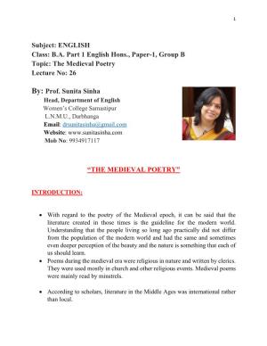 The Medieval Poetry Lecture No: 26 By: Prof. Sunita