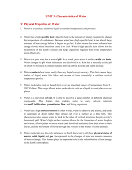 UNIT 3: Characteristics of Water Physical Properties of Water