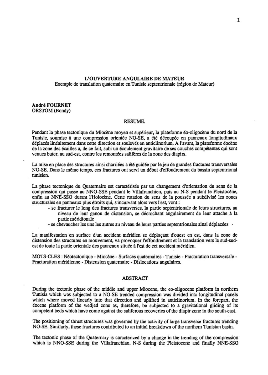 L'ouverture Angulaire De Mateur : Exemple De Translation Quaternaire En Tunisie Septentrionale (Région De Mateur) Bondy : ORSTOM, 21 P