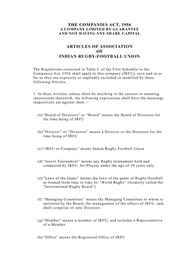 Articles of Association of Indian Rugby-Football Union