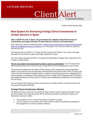 New System for Screening Foreign Direct Investments in Certain Sectors in Spain