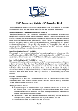 150Th Anniversary Update – 5Th December 2018