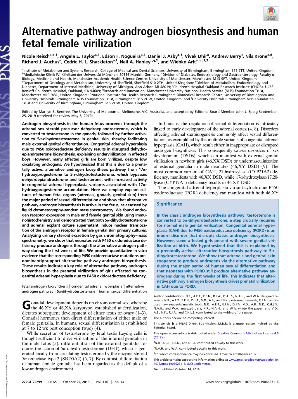 Alternative Pathway Androgen Biosynthesis and Human Fetal Female Virilization