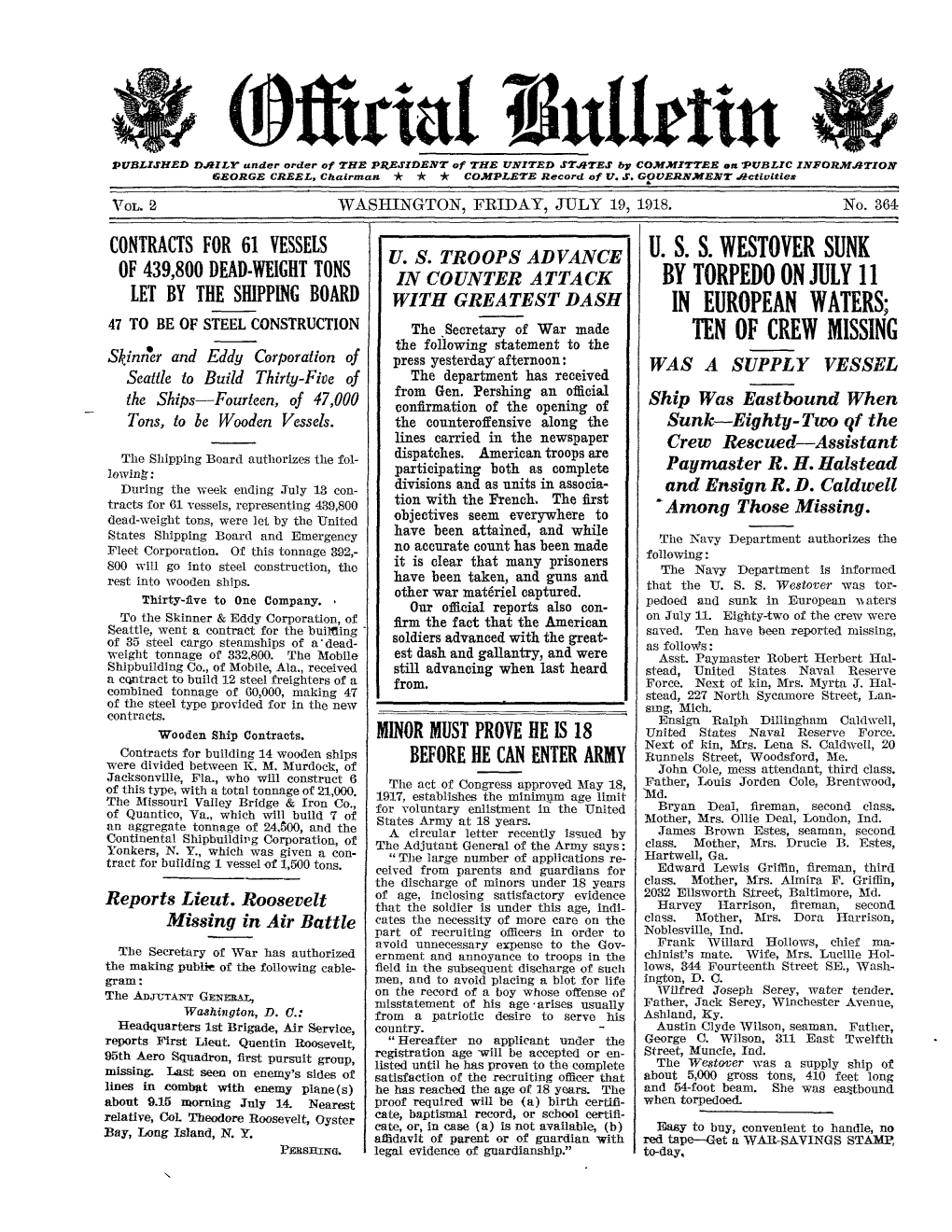 Ftitdw~ Flu PUBLISHED DAILY Ander Order of the PIREJZDENT of the UNITED STATES by COMMITTEE an PUBLIC INFORMATION GEORGE CREEL, Chairman * * * COMPLETE Record of U