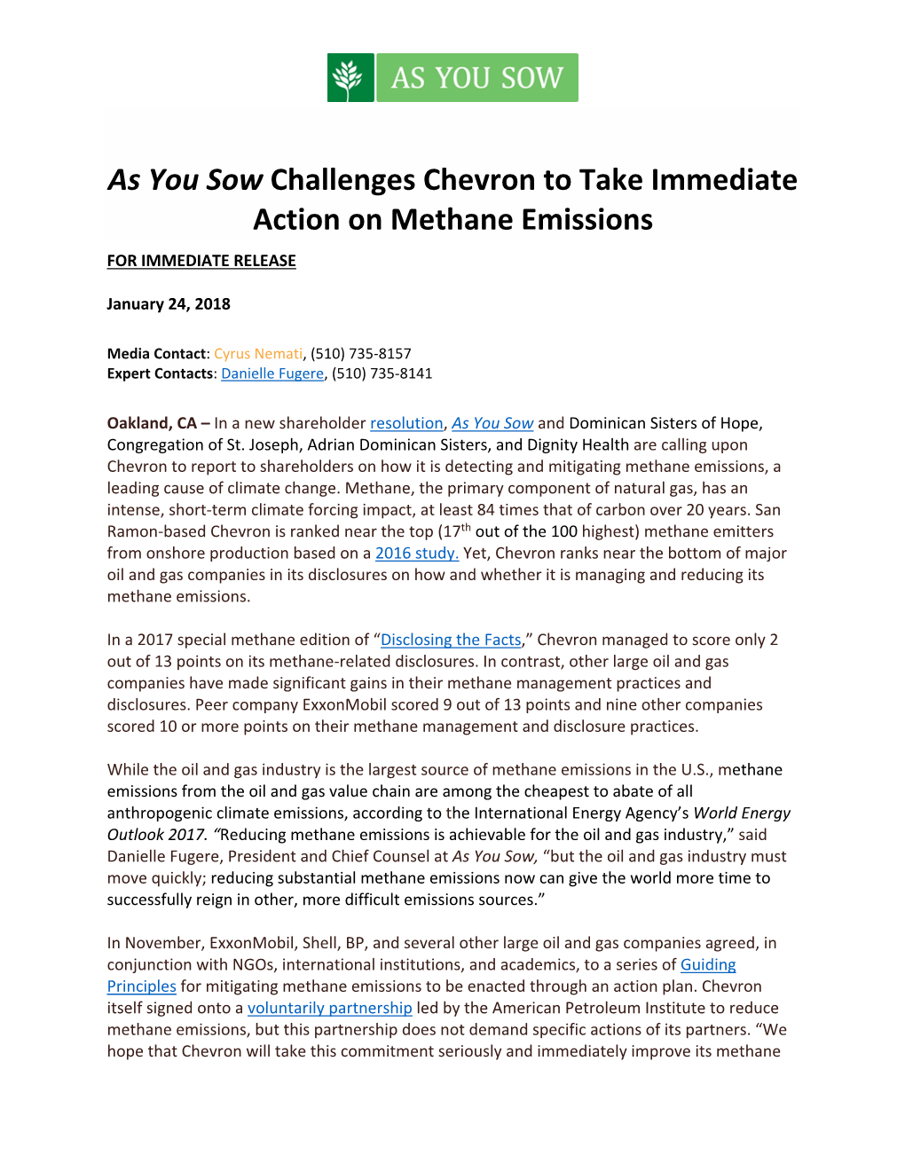 As You Sow Challenges Chevron to Take Immediate Action on Methane Emissions for IMMEDIATE RELEASE