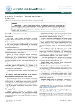 Christian Sources of German Social State Hans Paul Prümm* Department of Public Administration, the Berlin School of Economics and Law, Berlin, Germany