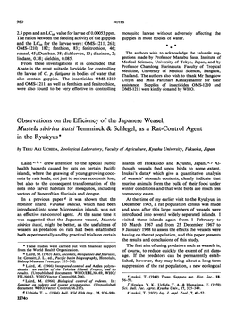 Observations on the Efficiency of the Japanese Weasel, Mustela Sibirica Itatsi Temminck & Schlegel, As a Rat-Control Agent