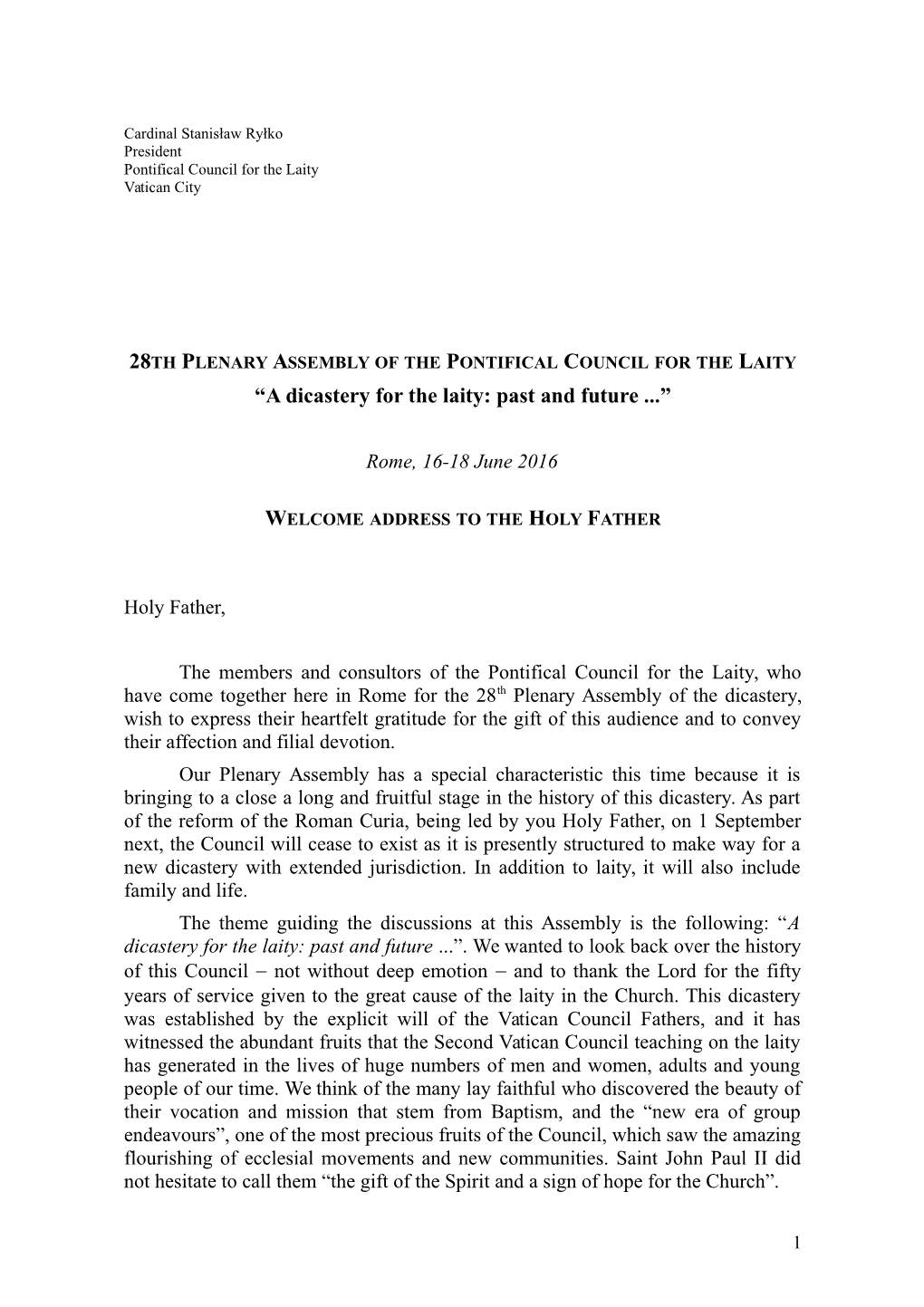 “A Dicastery for the Laity: Past and Future ...”