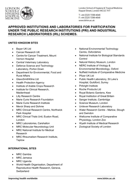 List of Institutions and Laboratories